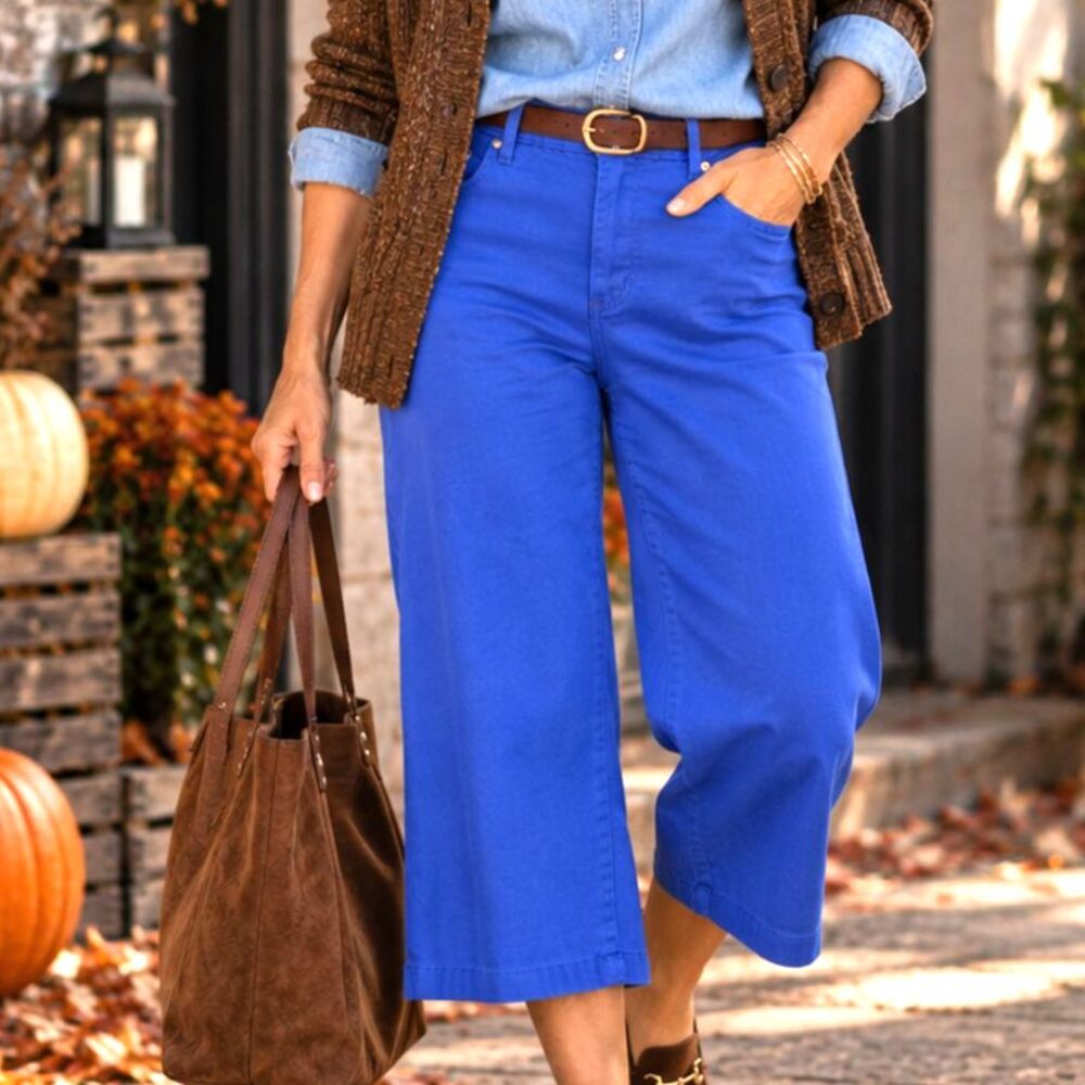 Denim & Co Tummy Control Culottses Capri  Royal Blue Colored Denim Stretch 16